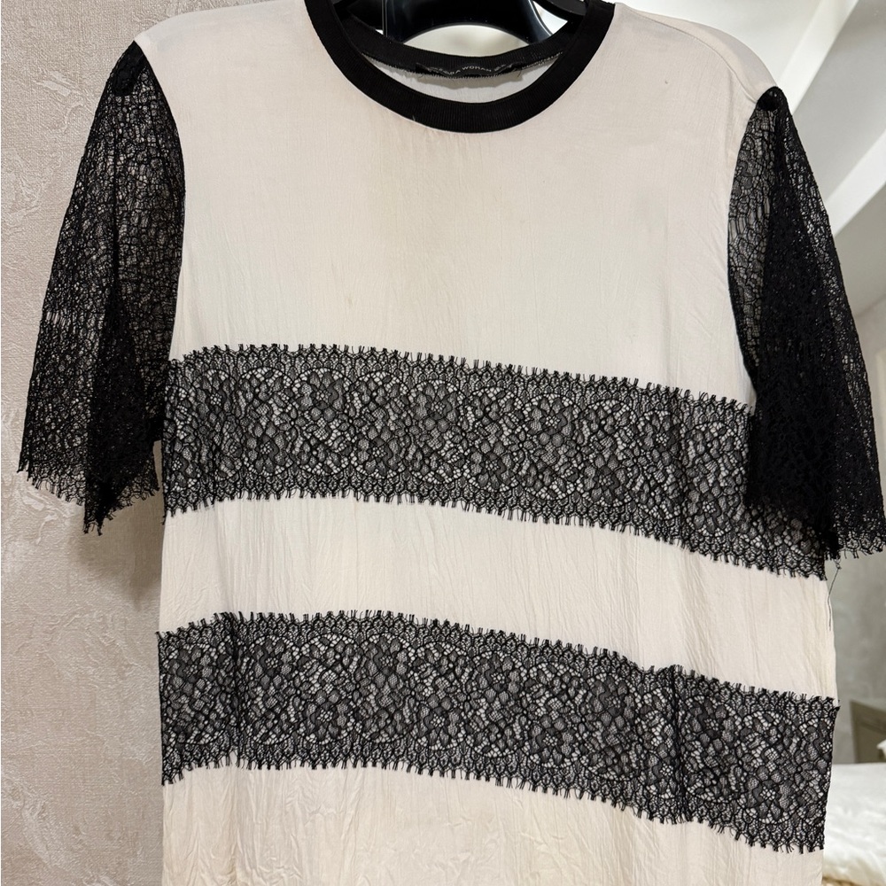 Zara White Top with Black Lace Stripes